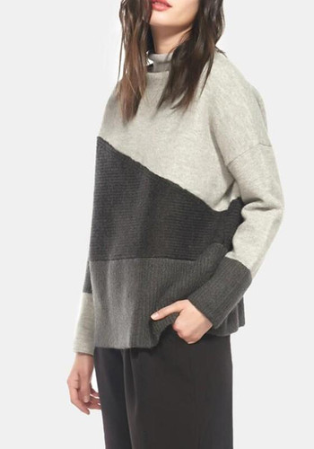 New Grey Color Block Print Long Sleeve Knitwear Pullover Sweater