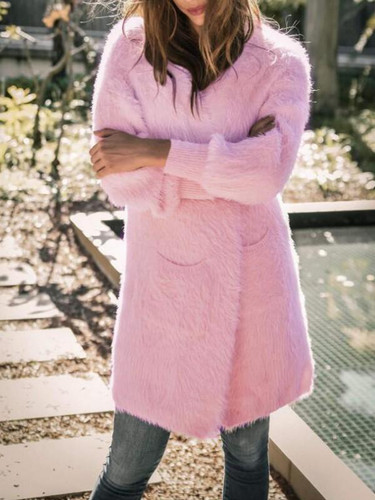 New Pink Pockets Zipper Lantern Sleeve Fuzzy Casual Cardigan Coat