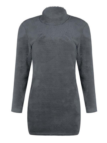New Dark Grey Fur High Neck Long Sleeve Fashion Mini Dress