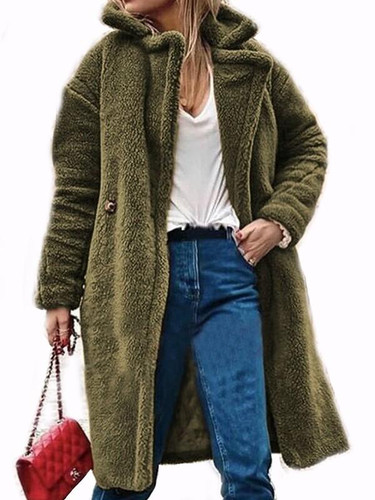New Army Green Pockets Buttons Turndown Collar Long Sleeve Teddy Coat