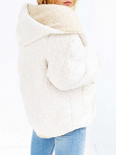 New White Khaki Pockets Hooded Long Sleeve Casual Oversize Teddy Coat