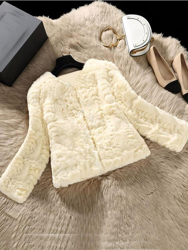 New Beige Faux Fur Round Neck Long Sleeve Casual Oversize Coat