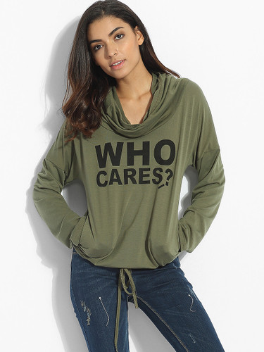 Casual Pockets Cowl Neck Dacron Letter Sweatshirt