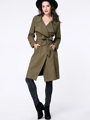 Casual Lapel Removable Tie Pocket Vented Wrap Trench Coat