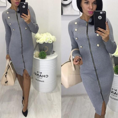 Grey Zipper Studded Cut Out Long Sleeve Fashion Midi Dress