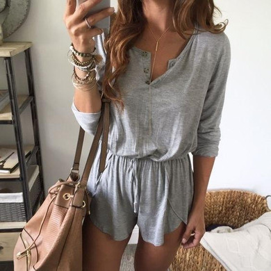 Fashion Long Sleeve Button Design Drawstring Romper