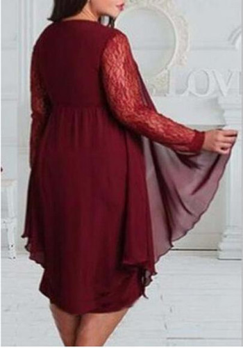 Burgundy Patchwork Lace Draped Plus Size Long Sleeve Fashion Maxi Dress