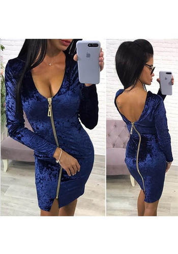 Blue Zipper Long Sleeve Fashion Midi Dress