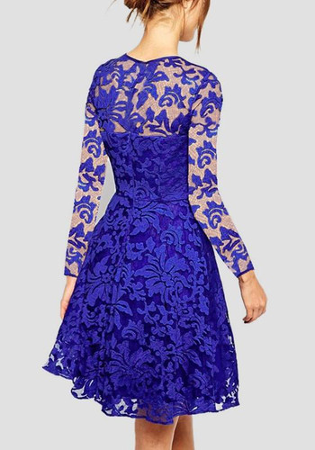 Blue Patchwork Lace Round Neck Long Sleeve Prom Evening Party Midi Dress