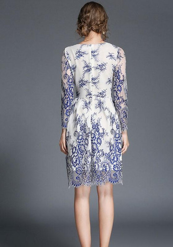 Blue Patchwork Embroidery Lace Grenadine False 2-in-1 Round Neck Long Sleeve Midi Dress
