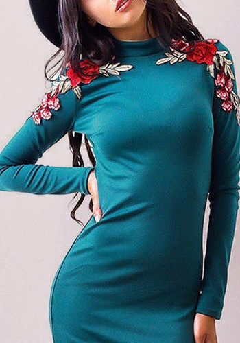 Blue Flowers Embroidery Round Neck Long Sleeve Midi Dress