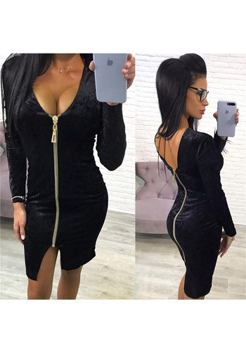 Black Zipper Long Sleeve Fashion Midi Dress