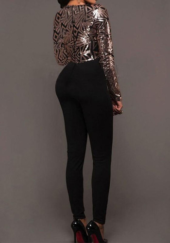 Black Sequin Patchwork Plunging Neckline Long Sleeve Fashion Jumpsuit