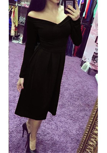 Black Pleated Off Shoulder Boat Neck Long Sleeve Maxi Dress