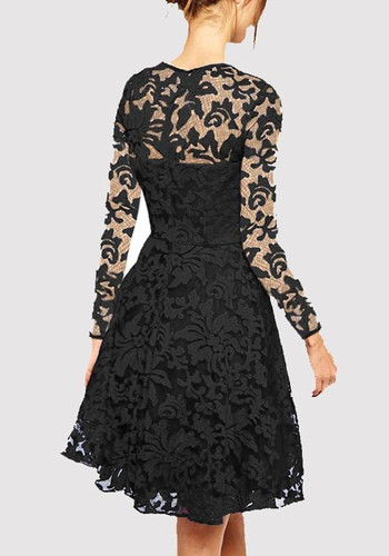 Black Patchwork Lace Draped Long Sleeve Fashion Midi Dress