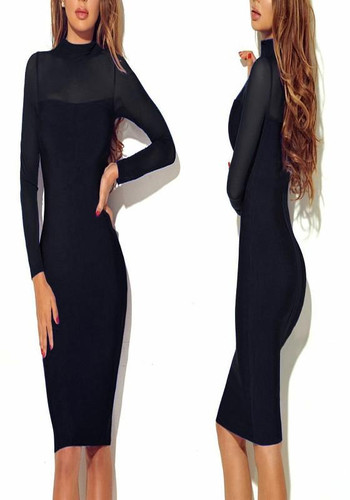 Black Patchwork Grenadine Prom Evening Party Bodycon Long Sleeve Midi Dress