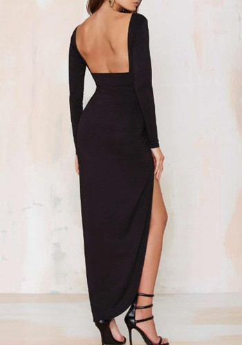 Black Irregular Backless Round Neck Long Sleeve Maxi Dress