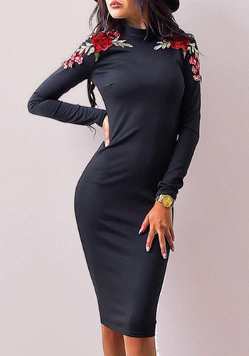 Black Flowers Embroidery Round Neck Long Sleeve Midi Dress