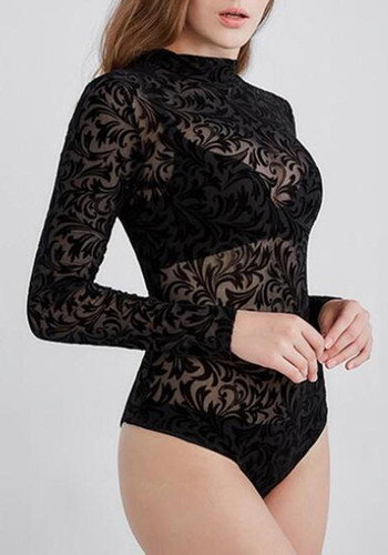 Black Floral Round Neck Long Sleeve Bodysuit Short Jumpsuit