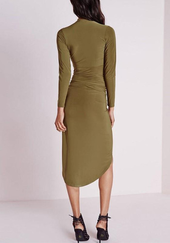 Army Green Irregular Plunging Neckline Long Sleeve Midi Dress