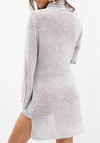 Grey Plain Belt High Neck Slit Long Sleeve Sweater Knit Mini Dress