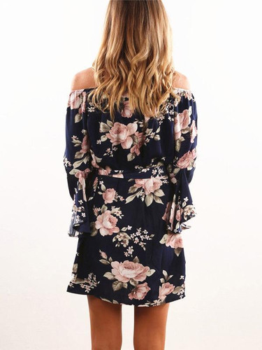 Blue Floral Printed Off-the-shoulder Falbala Mini Dress