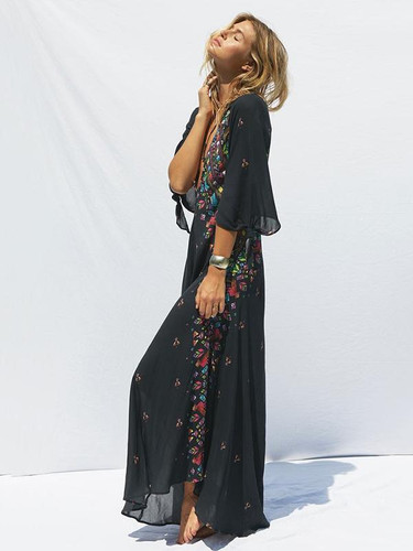 Beautiful Bohemia 3/4 Sleeve V-Neck Floral Black Maxi Dress