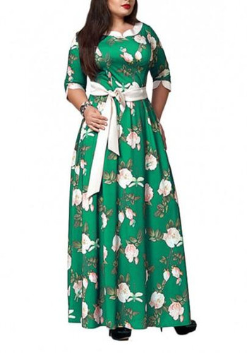 Green Floral Print Sashes Draped Plus Size Elbow Sleeve Elegant Maxi Dress