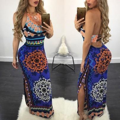 Dark Blue Tribal Floral Print Backless Halter Neck Slit Vintage Maxi Dress Dark Blue Tribal Floral Print Backless Halter Neck Slit Vintage Maxi Dress