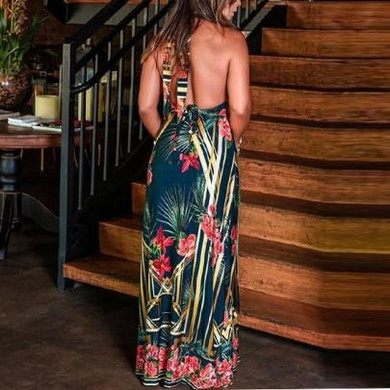 Dark Blue Floral Print Tie Back Halter Neck Backless Bohemian Maxi Dress