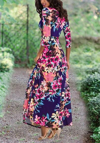 Sapphire Blue Floral Print Sashes V-neck Maxi Dress