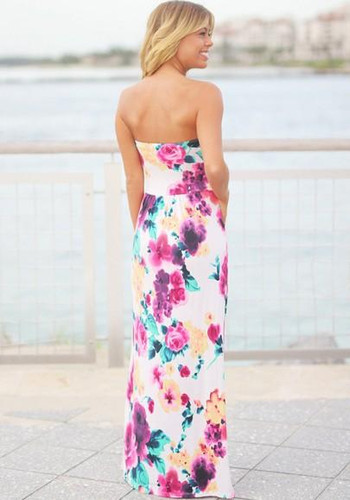 White Floral Bandeau Print Fashion Maxi Dress