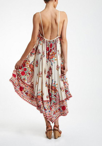White Floral Irregular Draped Spaghetti Strap A-line Flowy Boho Mexican Sun Maxi Dress