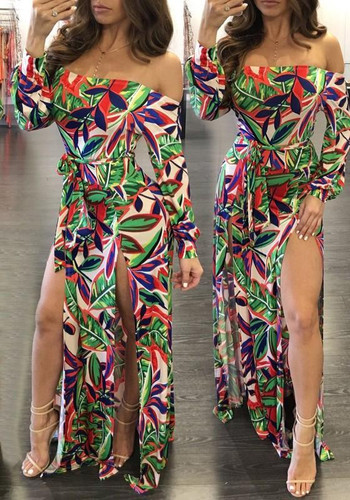 Green Floral Print Off Shoulder Belt Slits On Both Sides Bohemian Beach Midi Dress Green Floral Print Off Shoulder Belt Slits On Both Sides Bohemian Beach Midi Dress