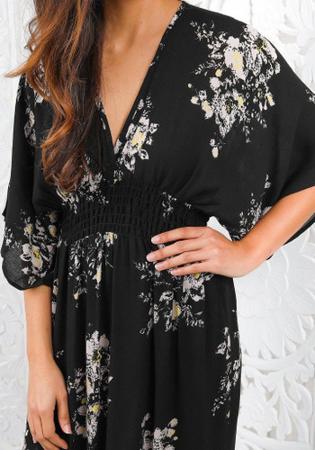 Black Floral Print Irregular Plunging Neckline Short Sleeve Maxi Dress