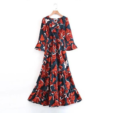 Multicolor Floral Print Ruffle V-neck Bohemian Maxi Dress
