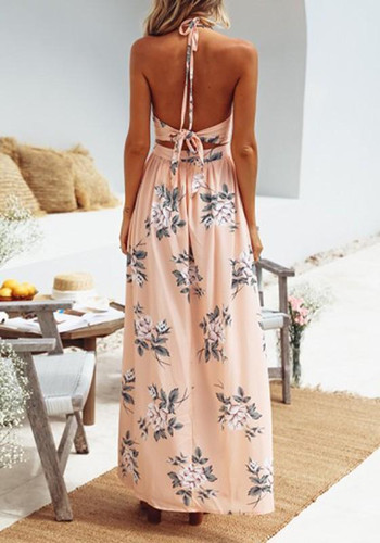 Pink Floral Tie Back Cut Out Pleated V-neck Maxi Dress