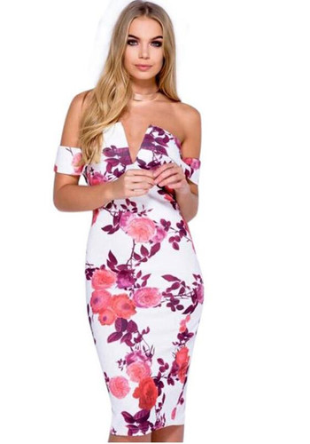 Pink Floral Print Bandeau Off Shoulder Backless Bodycon Midi Dress