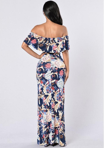 Light Blue Floral Backless Bandeau Ruffle Off Shoulder Retro Bohemian Bodycon Maxi Dress