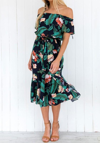 Green Floral Sashes Boat Neck Short Sleeve Fashion Midi Dress Green Floral Sashes Boat Neck Short Sleeve Fashion Midi Dress