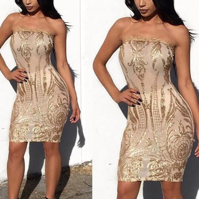 Golden Floral Sequin Grenadine Bandeau Off Shoulder Backless Bodycon Clubwear Party Midi Dress