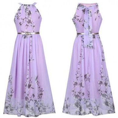 Light Purple Floral Print Belt Round Neck Bohemian Chiffon Maxi Dress