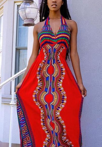 Red Tribal Floral Print Draped Backless Halter Neck Oversize Bohemian Maxi Dress