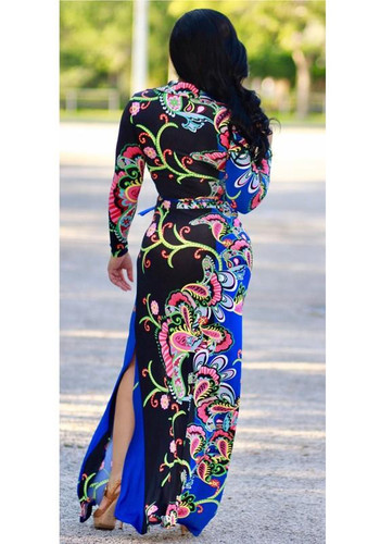 Blue Floral Print Belt V-neck Slits On Both Sides Bohemian Beach Midi Dress Blue Floral Print Belt V-neck Slits On Both Sides Bohemian Beach Midi Dress