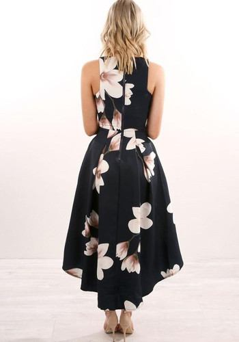 Navy Blue Floral Ruffle Swallowtail V-neck Fashion Midi Dress
