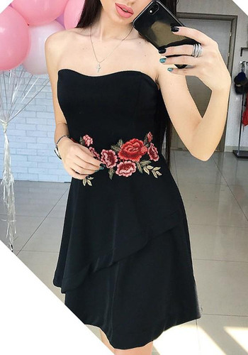 Black Floral Irregular Bandeau Zipper Sleeveless Mini Dress