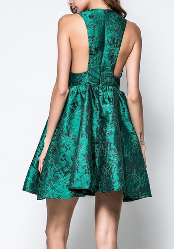Casual Green Floral Zipper Pleated Round Neck Mini Dress