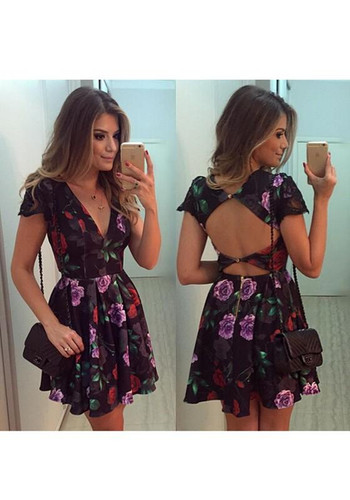 Casual Black Floral Backless Zipper Cut Out V-neck Mini Dress