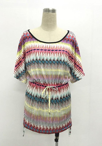 Casual Red Floral Drawstring Round Neck Elbow Sleeve Mini Dress
