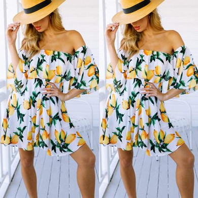Casual Yellow Floral Print Bandeau Boat Neck Fashion Mini Dress